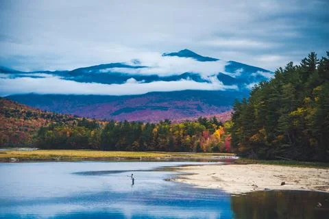 Fly fisherman casting into river with mountain and bright foliage Stock Photos