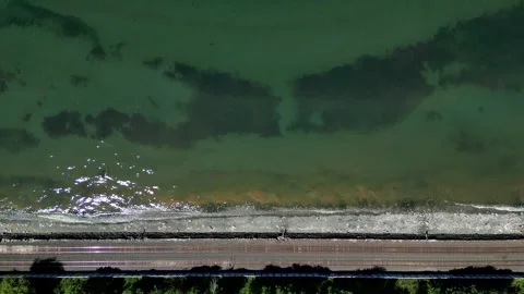 Fly Forward Look Down at Train Tracks on Puget Sound Next to Forest Stock Footage 249113632
