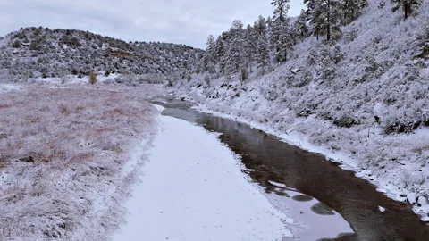 Fly forward over the Dolores river with snow Stock Footage 256621010