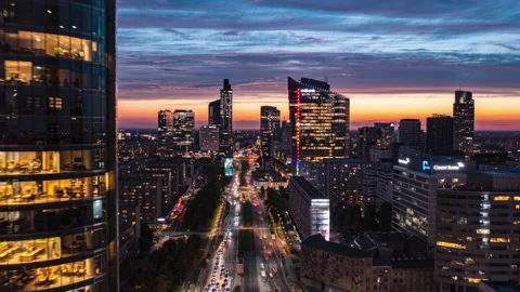 Fly forwards above wide downtown boulevard. Amazing hyperlapse of straight Stock Footage 162961184