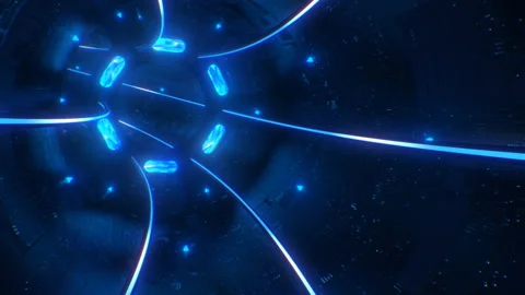 Fly in Futuristic Sci-Fi Spaceship Tunnel of Blue Neon Glow Lights Stock Footage 137542634
