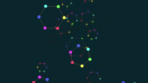 Fly hexagons elements with rainbow dots and lines Stock Footage 215385585