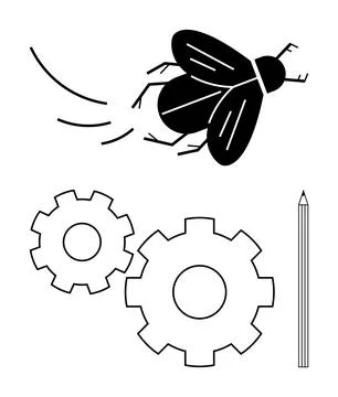Fly hovering above two gears and pencil, suggesting innovation, creativity, and 库存插图