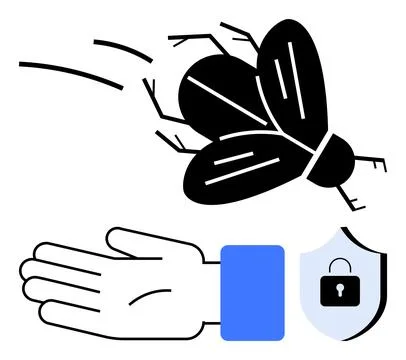 Fly hovering over a blue-cuffed hand with a security shield featuring a lock Stockillustratie