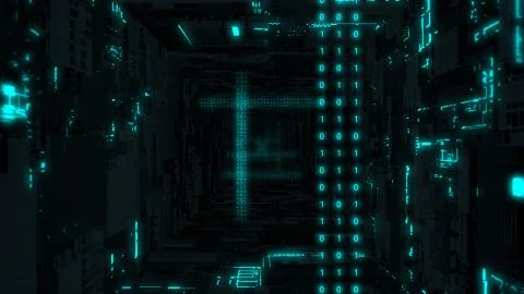 Fly Inside Computer with Data Streams of Binary Zeros and Ones Stock Illustration