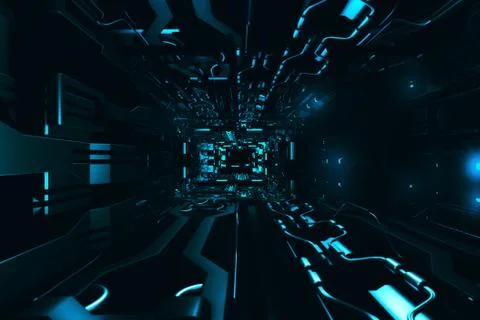 Fly inside of futuristic metallic corridor 3d rendering Illustrazione stock