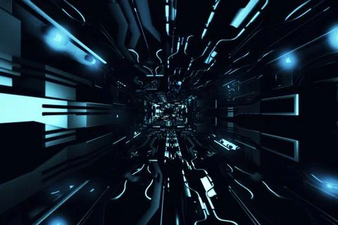 Fly inside of futuristic metallic corridor 3d rendering Illustrazione stock