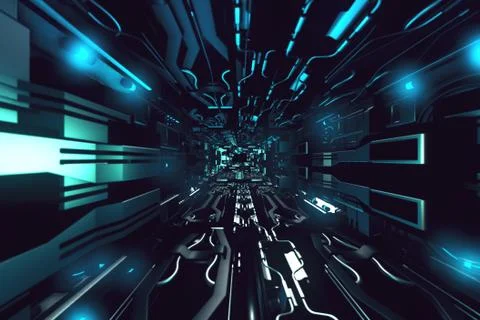 Fly inside of futuristic metallic corridor 3d rendering Illustrazione stock