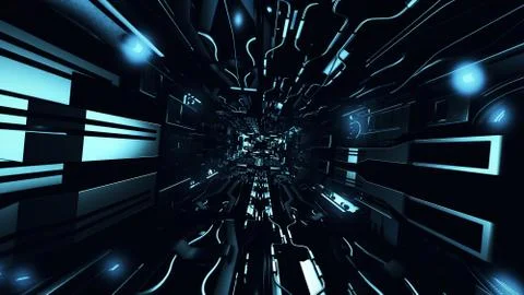 Fly inside of futuristic metallic corridor 3d rendering Illustrazione stock