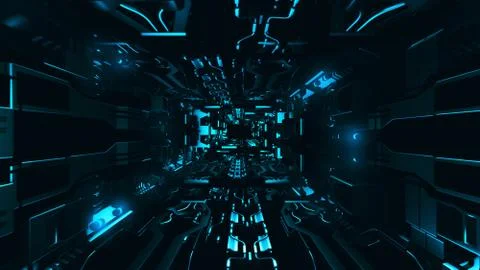 Fly inside of futuristic metallic corridor 3d rendering Illustrazione stock