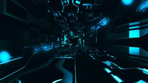 Fly inside of futuristic metallic corridor 3d rendering Illustrazione stock