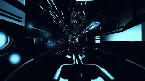 Fly inside of futuristic metallic corridor 3d rendering Illustrazione stock