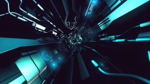 Fly inside of futuristic metallic corridor 3d rendering Illustrazione stock