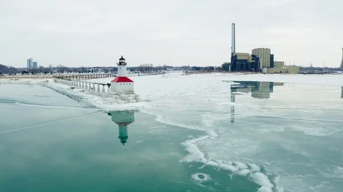 Fly by Lighthouse to Power Plant Video stock 108120144