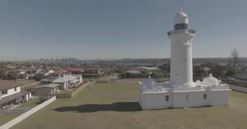 Fly by macuaries lighthouse and lookout to sea Stock Footage