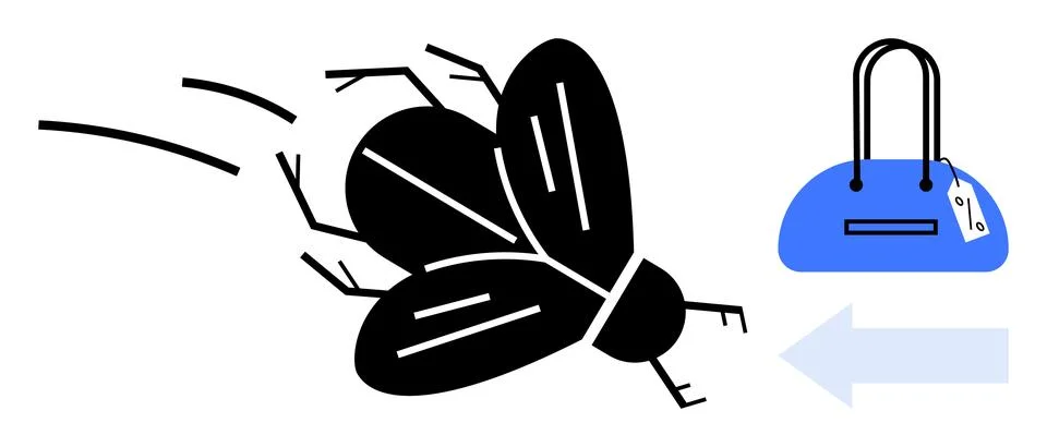 Fly in mid-flight moving towards a blue handbag with a label and an arrow poi Illustrazione stock