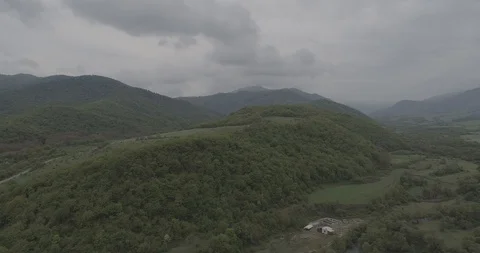 Fly In. Mountains. Fields. Forest. Cloudy. Fog 2124 02 Stock Footage 129208936