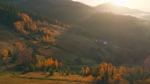 Fly mountains sky fog haze dawn sunrise forest travel beautiful Video stock 252124157