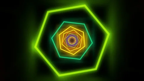 Fly in Moving Hexagon Rainbow Glowing Neon Lights Tunnel Corridor Stock Footage 124303822