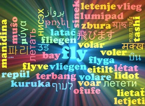 Fly multilanguage wordcloud background concept glowing Illustrazione stock