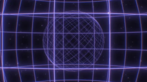 Fly in Neon Glow 80s Synthwave Wireframe Net Grid Geometric Spheres Stock Footage 137524002
