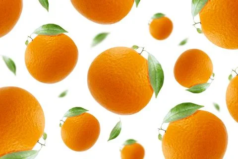 Fly Oranges with leaf concept background isolated on white 스톡 사진