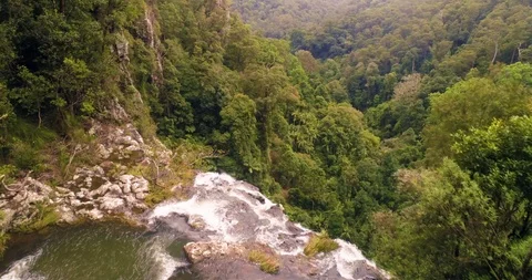 Fly-out areal shot Springbrook national park waterfalls in Queensland, Australia Stock Footage