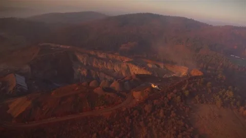 Fly out from a open cast mining area in action, Hesse, Germany Stock Footage 143538036
