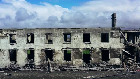Fly out from window of old distructed building to Kamchatka's coast landscape Stock Footage 163508681