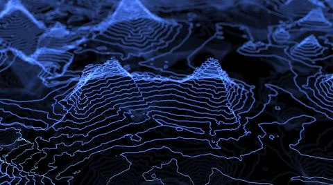 Fly over 3D glowing topographical map. Technological geographica big data Illustrazione stock