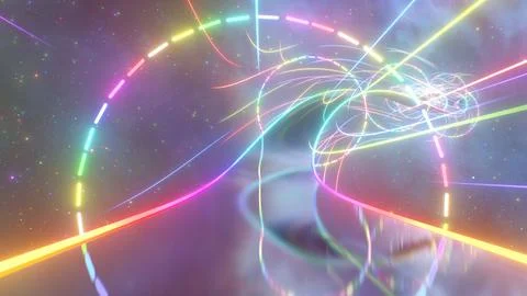 Fly Over 3D Rainbow Road In Outer Space With Bright Neon Reflections Ilustração Stock