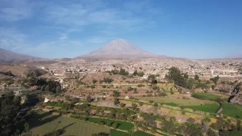 A fly over agricultural land, changing to desert and a volcano in the background Stock Footage 164626346