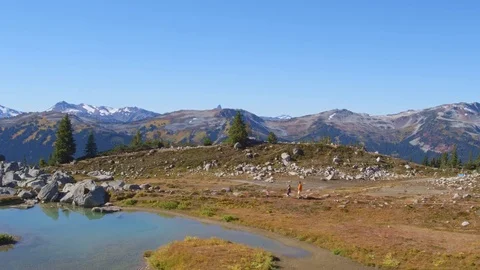 Fly Over Alpine Lake and Meadow with Coastal Mountain Range in Background Stock Footage 82634688