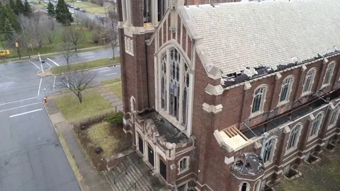 Fly Over Approach Of An Old Abandoned St. Agatha Church Stock Footage 106466200
