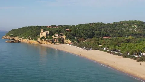 Fly over the Beach castle of Castell de Tamarit Stock Footage 221710596