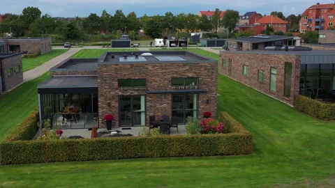 Fly over Beautiful house, green lawn, Denmark Stock Footage 201511439