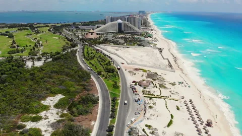 Fly over Caribbean tropical beach in Cancun, Mexico Stock Footage 157457328