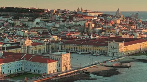 Fly over Commerce Square Royal Palace of Ribeira in Lisbon, Portugal Stock Footage 300173885