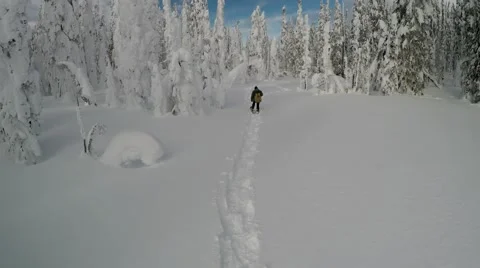 Fly over. Deep snow. Snowshoeing Stock Footage 62769260