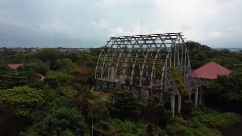 Fly over destructed building in abandoned park Stock Footage 154724818