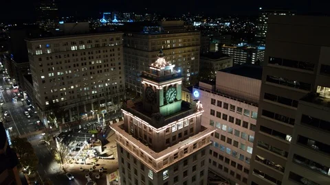 Fly over Down Portland night Clock 4K Stock Footage 100551023