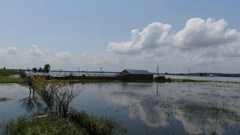 Fly over flooded farm Stock Footage 114750593