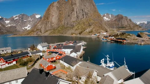 Fly Over Hamnoy Village, Lofoten Islands, Norway 스톡 동영상 94431953