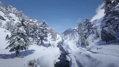 Fly over ice river snow trees Stock Footage 267319156