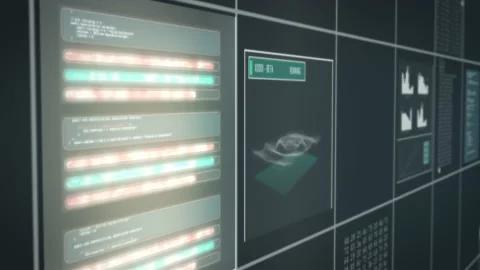 Fly over individual tiles of computer system screen code, graphs, data display. 動画素材 169875247