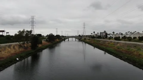 Fly Over LA River Over Bridge Stock Footage 244246126