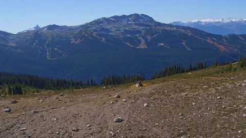 Fly Over Mountain Meadow and Shale with Summer Ski Resort in Background Stock Footage 82635757