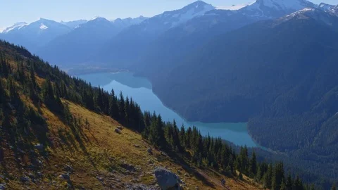 Fly Over Mountain side Meadow Surrounded by Trees with Alpine Lake in Background Stock Footage 82632056