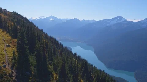 Fly Over Mountain-side Trees with Glacier-fed Lake in Background 動画素材 82632703