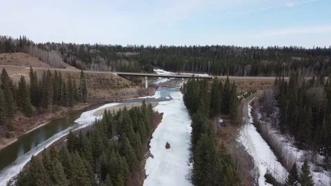 Fly over Nordegg River towards highway bridge Stock Footage 151784571